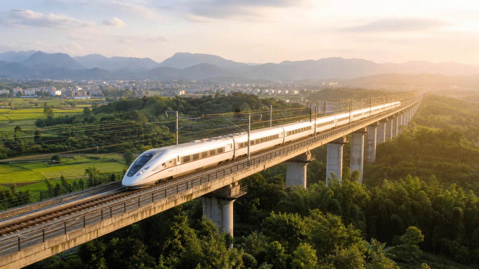 A high-speed train pulling into a modern Chinese station with city towers behind it