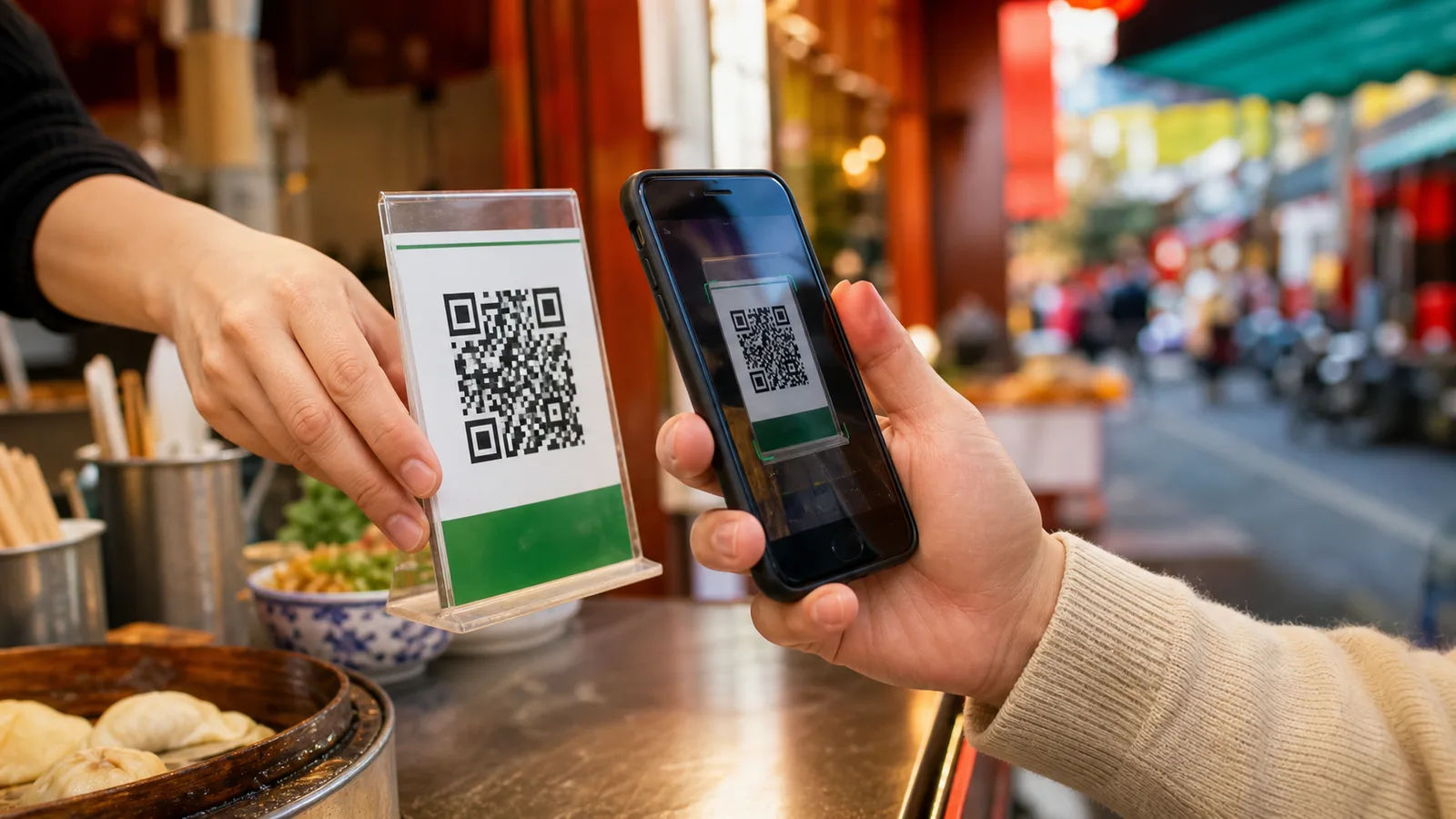 A traveler holding a phone with a payment QR code at a street market stall in China