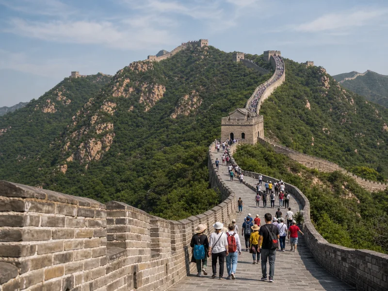 Crowds of visitors climbing the steep stone steps of the restored Badaling Great Wall near Beijing