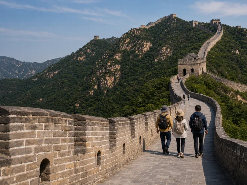 Restored ramparts and watchtowers of the Badaling Great Wall curving along a ridgeline under a clear sky