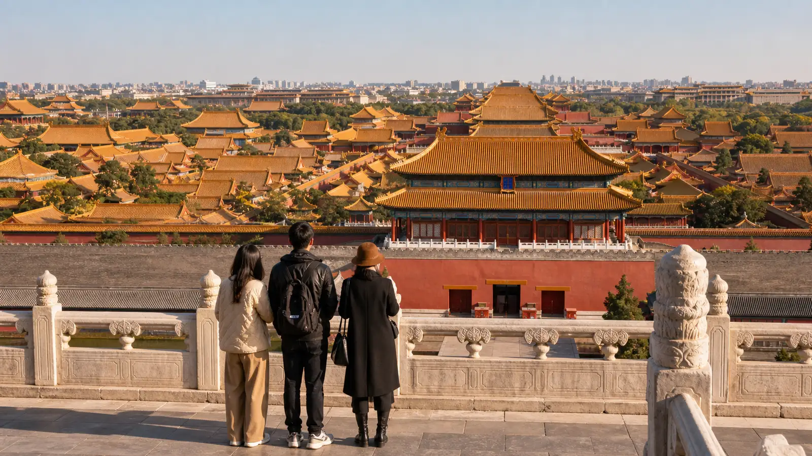 An English-speaking private guide showing a small family group around a courtyard inside the Forbidden City in Beijing
