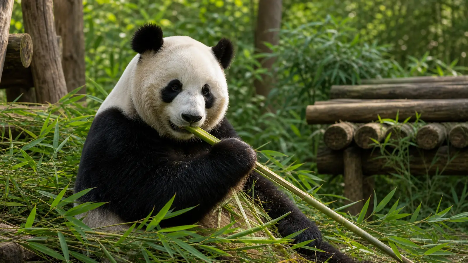 A giant panda sitting and eating bamboo at the Chengdu panda breeding base