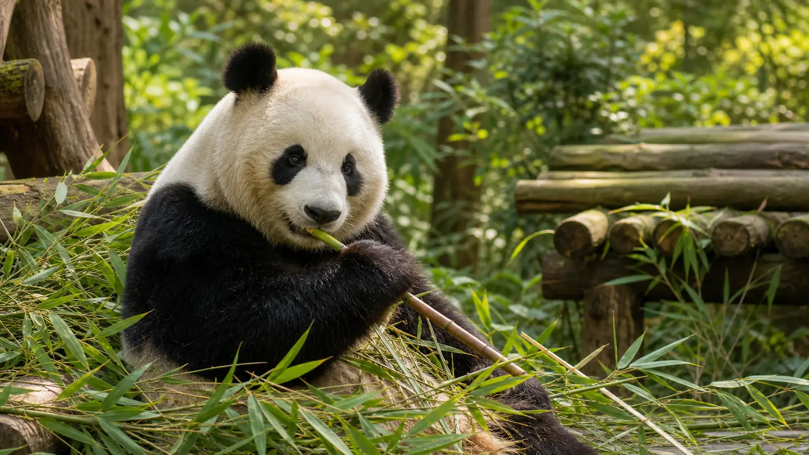 A giant panda sitting and eating bamboo at the Chengdu panda breeding base
