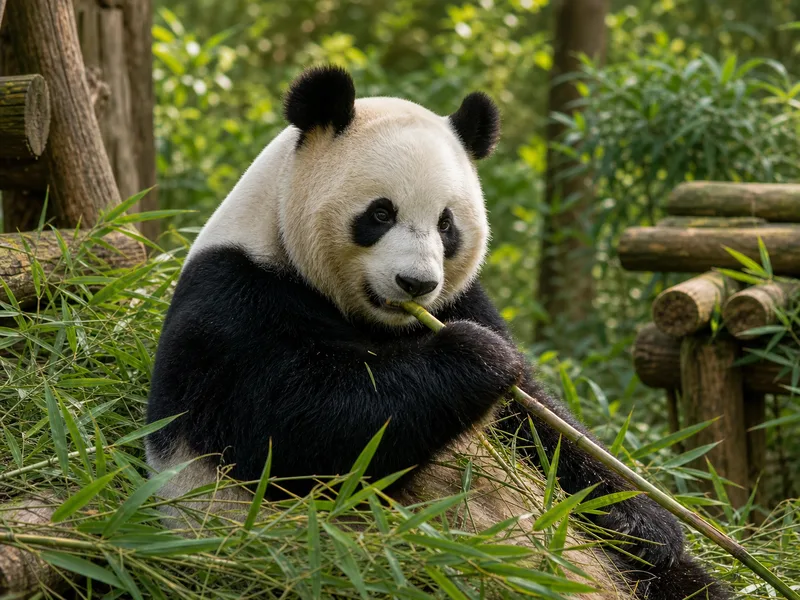 Giant pandas resting and climbing among bamboo at the Chengdu panda breeding base