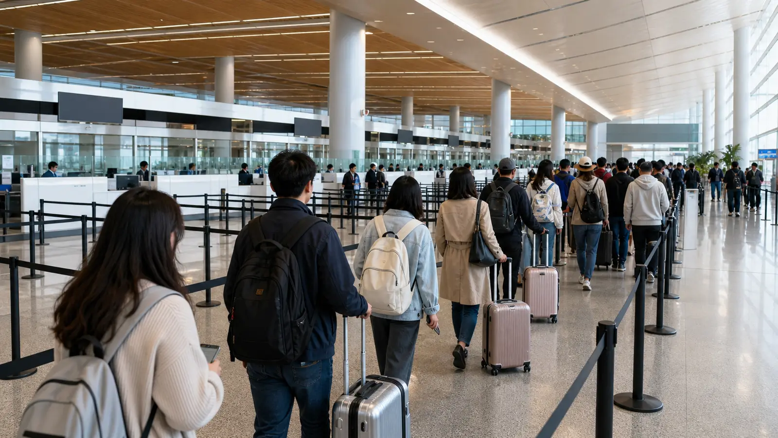 Arrival immigration hall at a major Chinese international airport with signage for foreign visitors