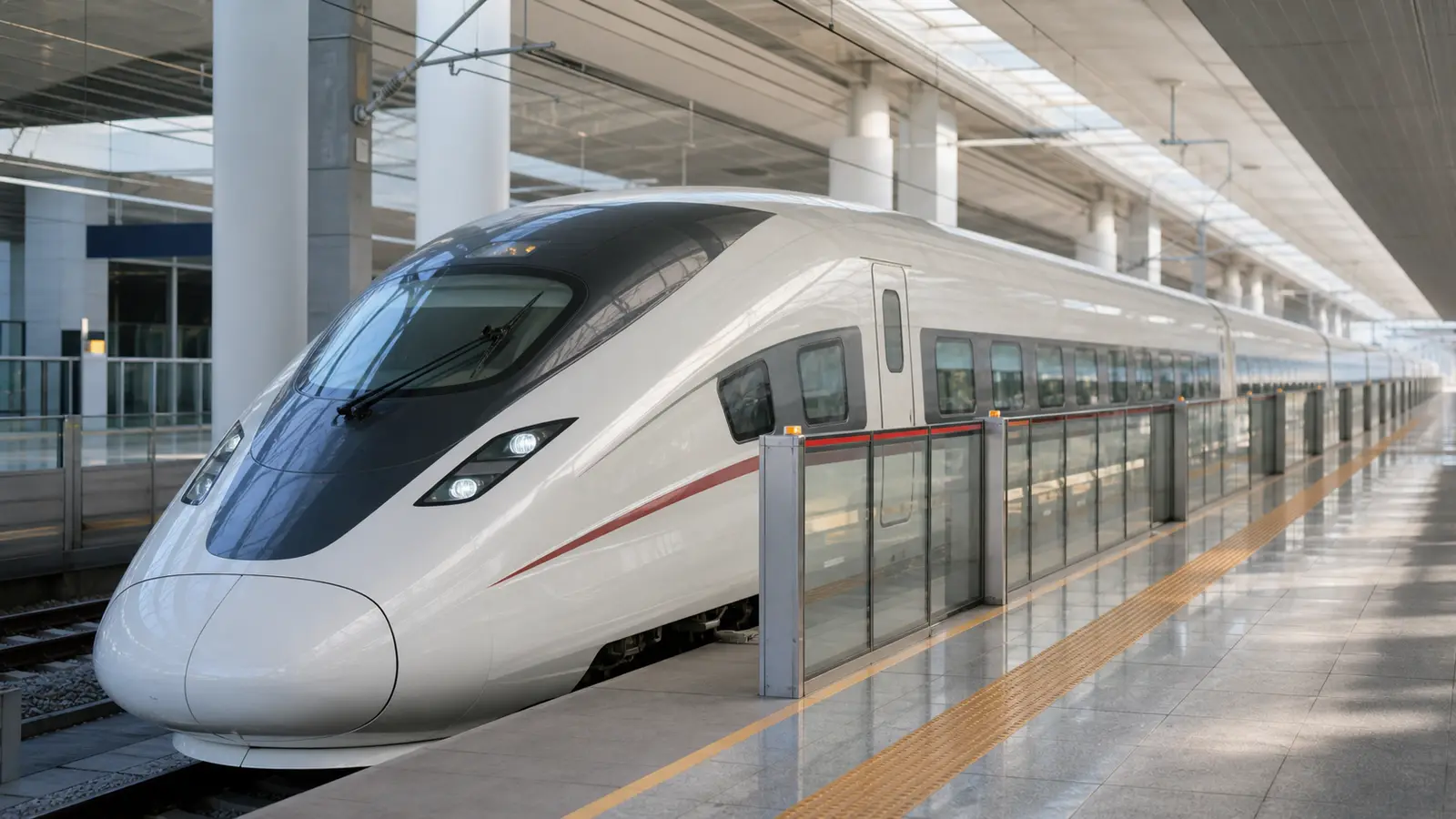 A sleek white high-speed G train waiting at a clean modern Chinese railway station platform