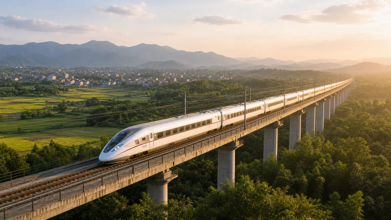 A high-speed train crossing a viaduct through green Chinese countryside
