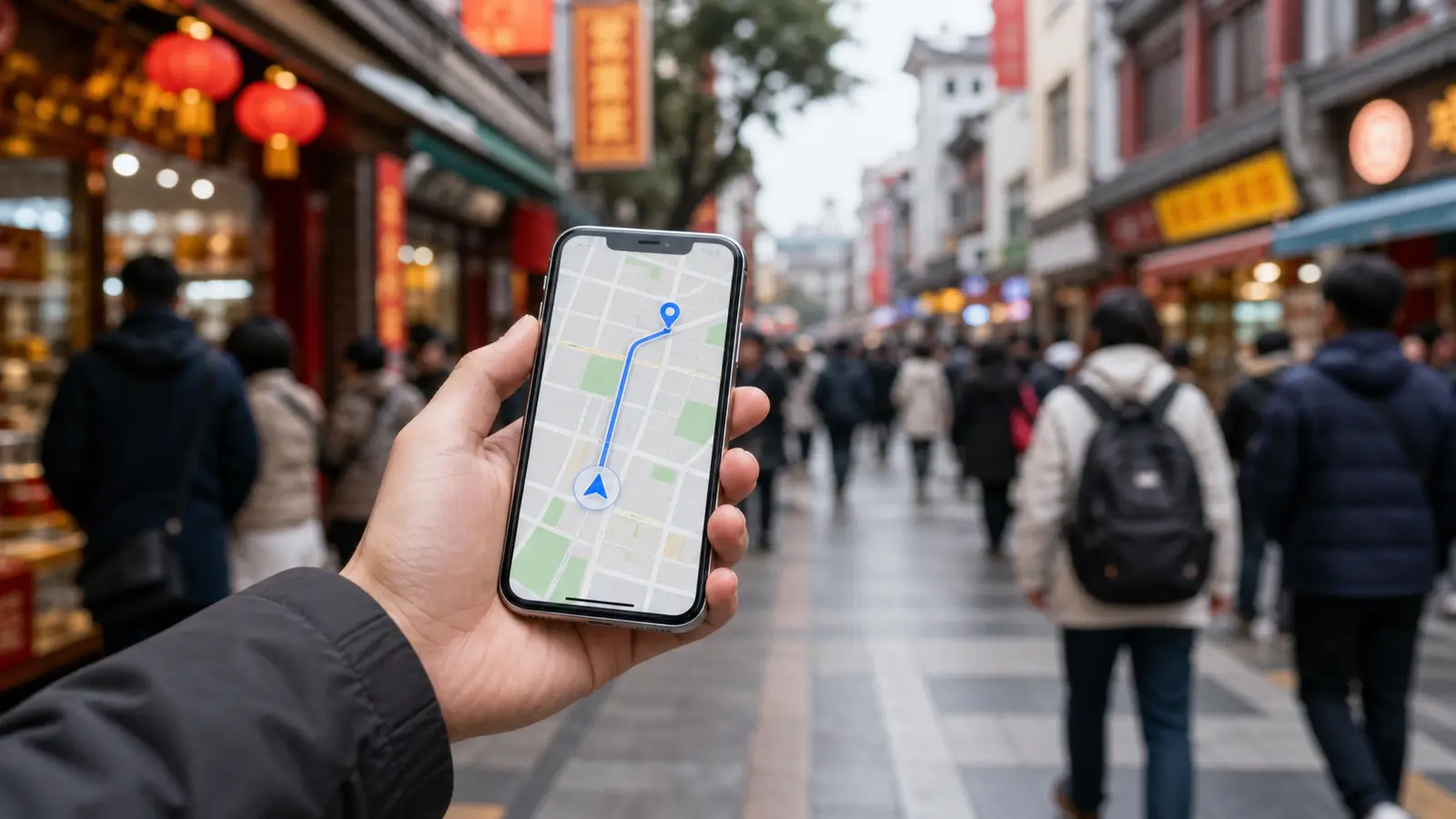 A traveler holding a phone showing a map app while standing on a busy Chinese city street