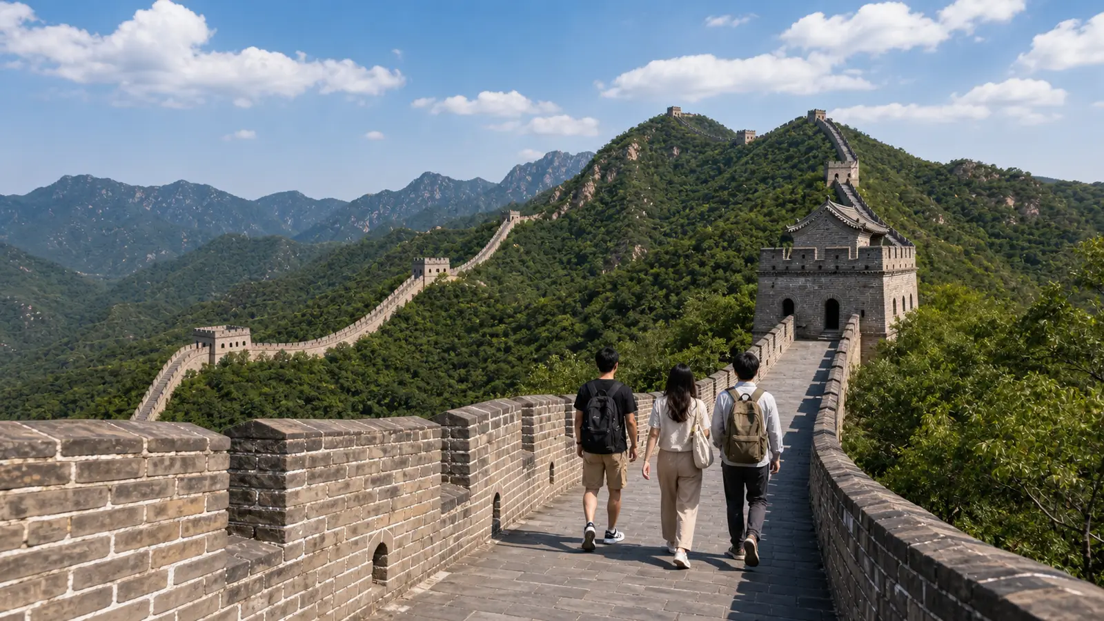 An English-speaking private guide walking with a small family group along a quiet stretch of the Great Wall near Beijing