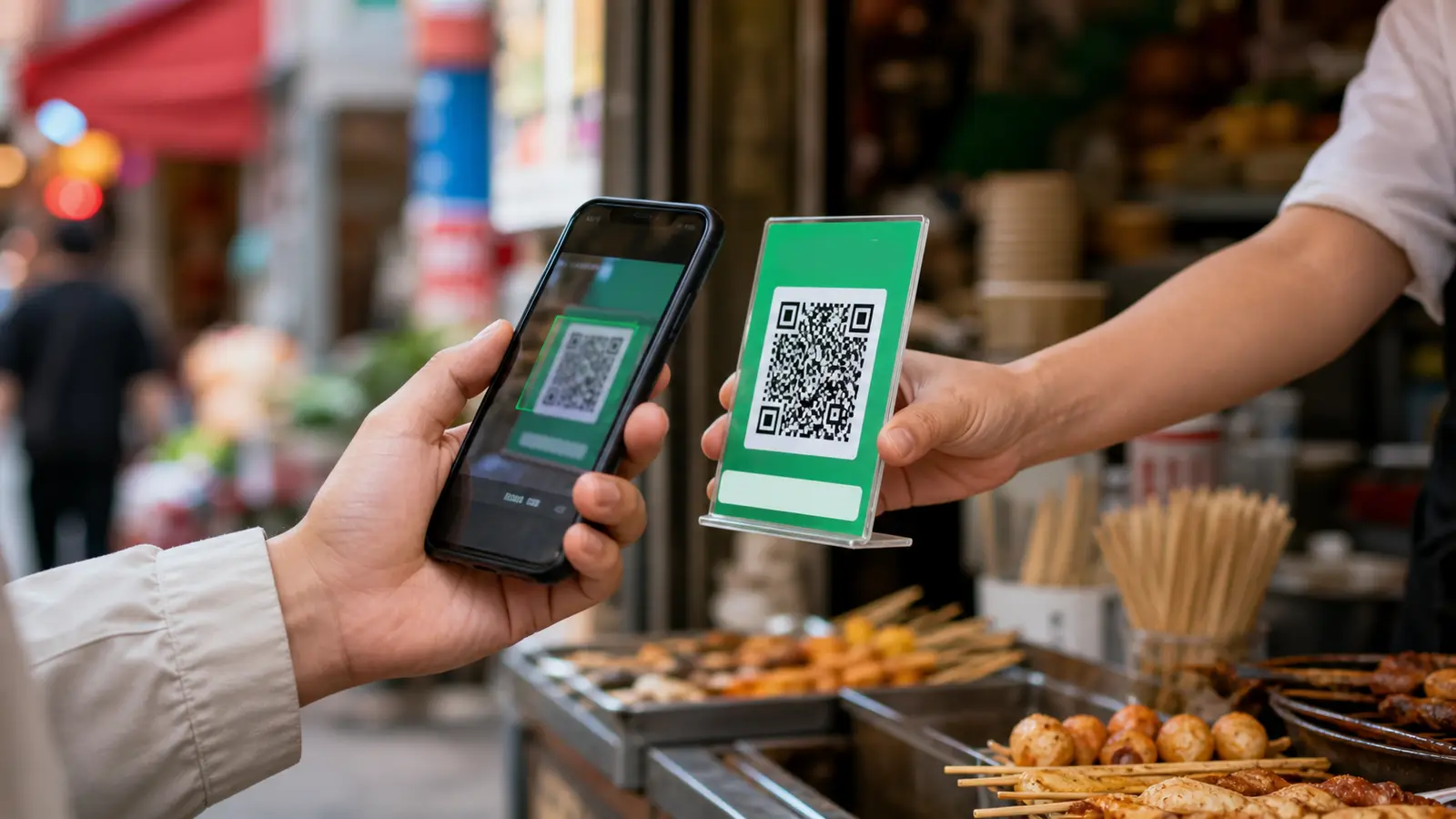 Traveler holding a smartphone to scan a QR code at a busy Chinese street stall