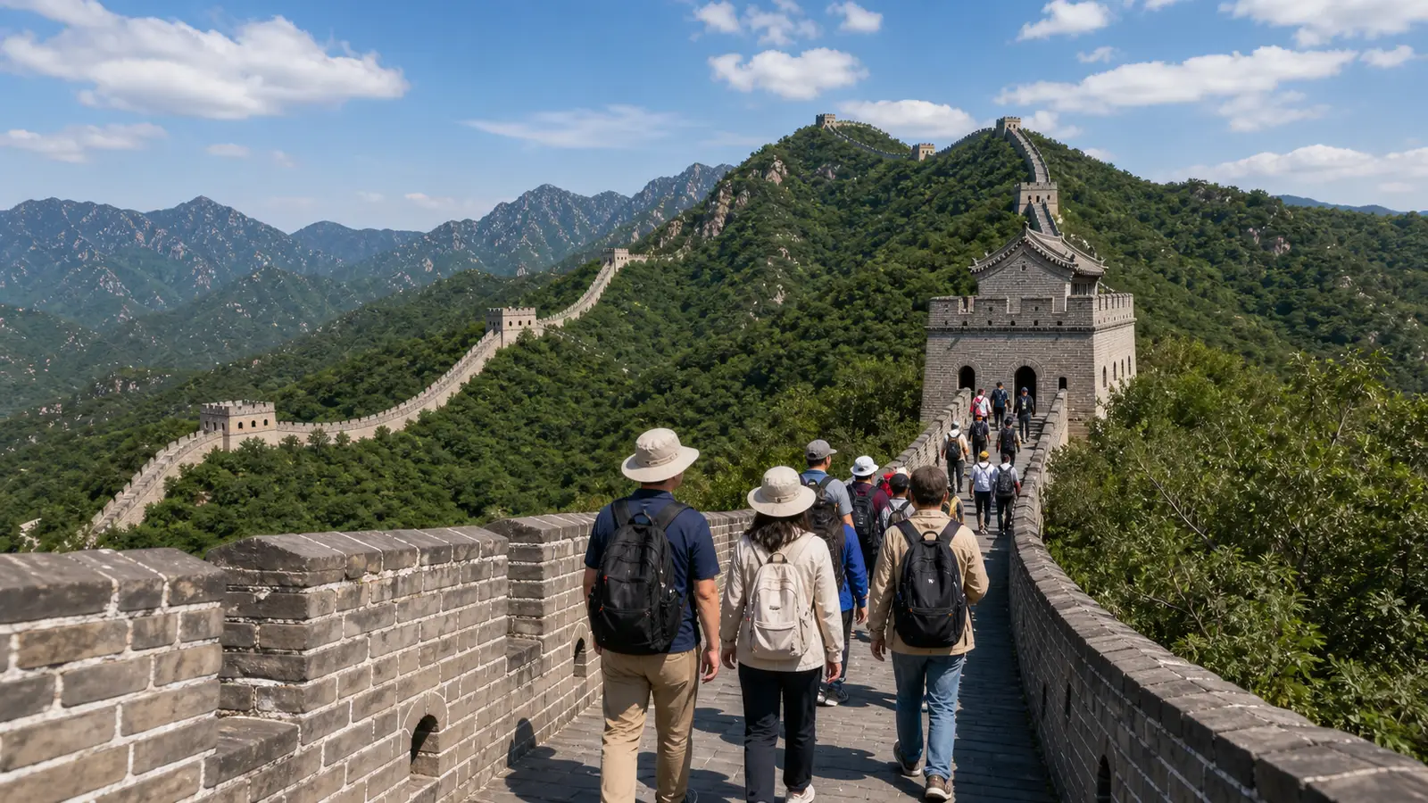 An English-speaking tour guide leading a small group of foreign visitors along a stone walkway at a major China landmark