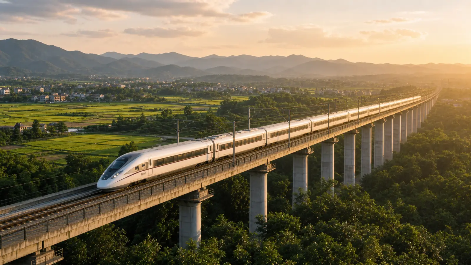 A high-speed train passing karst mountains on a long China travel route