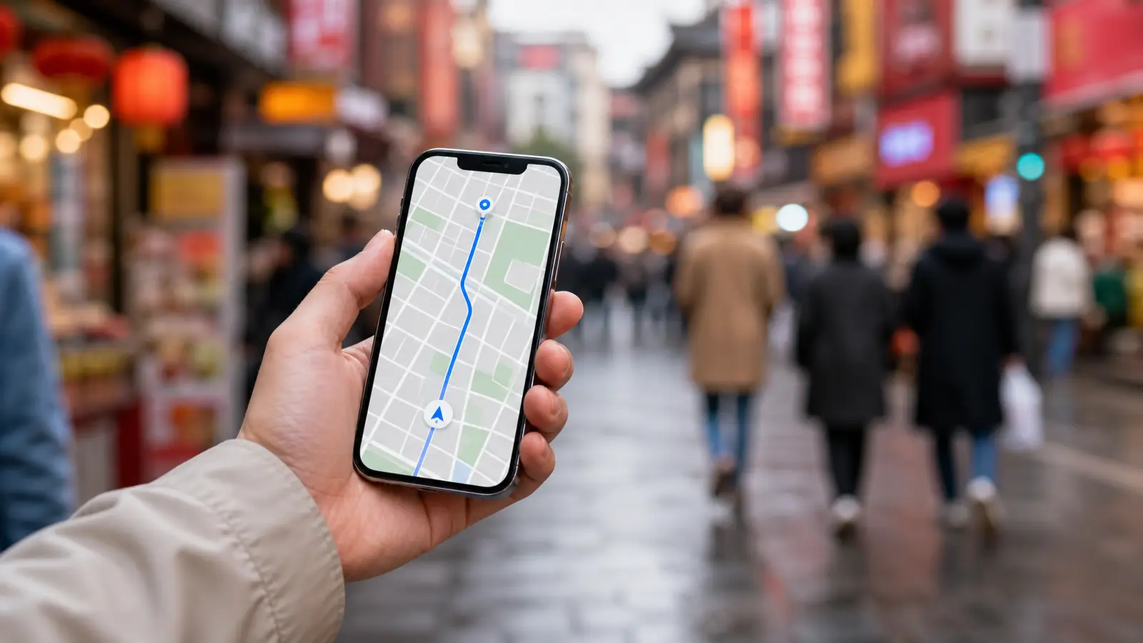 A traveler activating an eSIM on a phone on a busy street in China