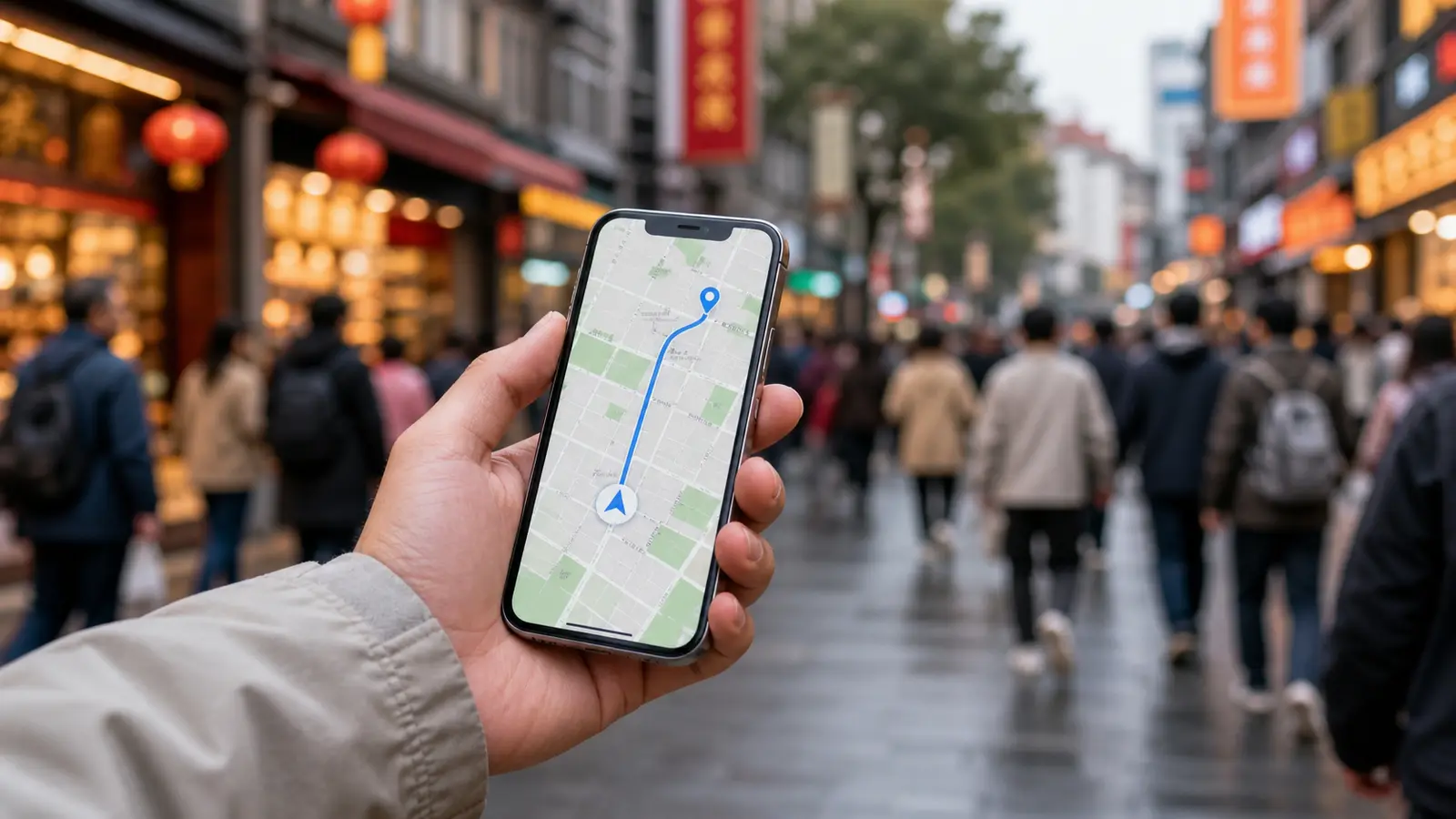 A traveler holding a phone showing a map app on a Chinese street