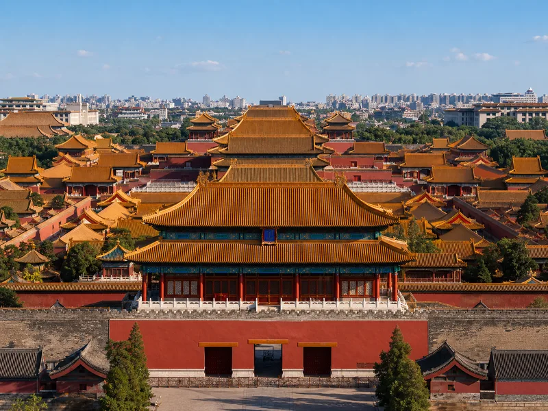 Golden roofs and red walls of the Forbidden City imperial palace in Beijing