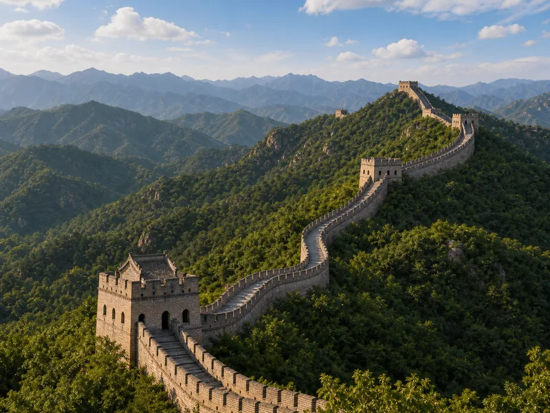 Restored Great Wall watchtowers winding over green mountains at Mutianyu near Beijing
