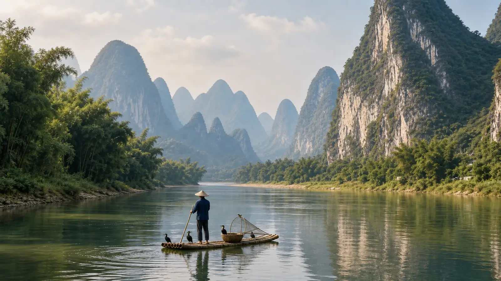 Misty karst peaks rising along the Li River near Guilin with a bamboo raft on the calm water