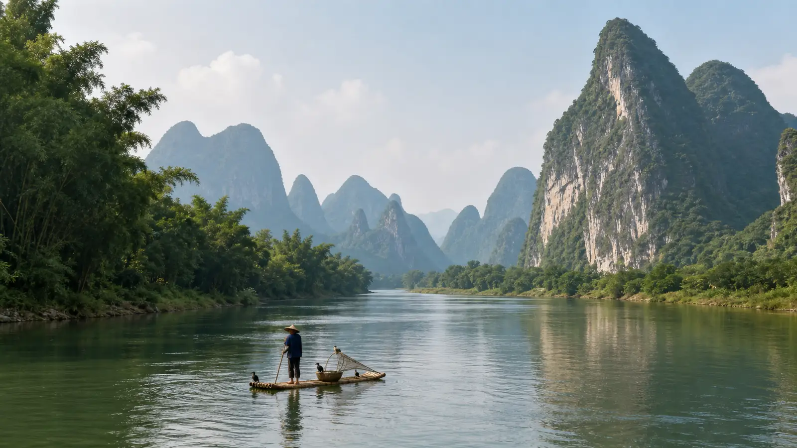 Misty karst mountains rising along the Li River near Guilin with a bamboo raft on the water