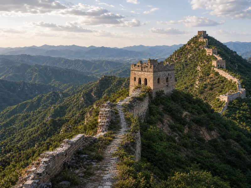 Hikers walking along a partly ruined stretch of the Jinshanling Great Wall stretching over rugged mountains