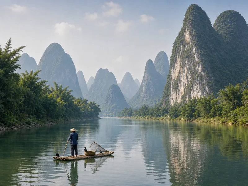 Cruise boat passing dramatic karst limestone peaks along the Li River between Guilin and Yangshuo