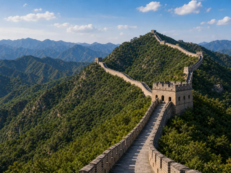 Cable car cabins rising toward the watchtowers of the Mutianyu Great Wall above forested slopes near Beijing
