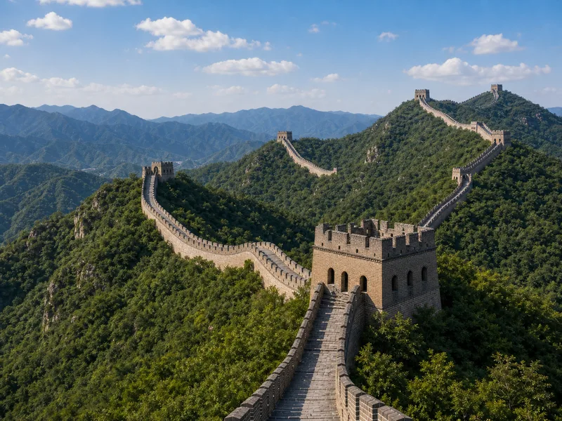 Watchtowers of the Mutianyu Great Wall winding over green forested hills near Beijing