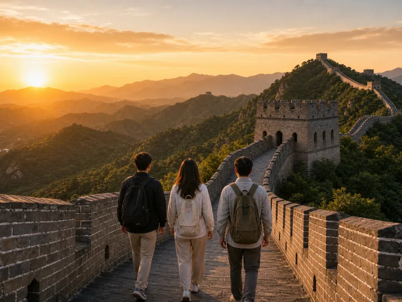 Golden sunrise light hitting the empty watchtowers of the Mutianyu Great Wall before the crowds arrive