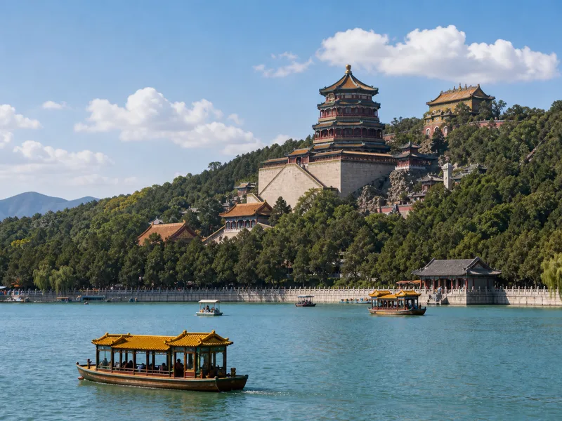 Pavilions and Kunming Lake at the Summer Palace imperial garden in Beijing