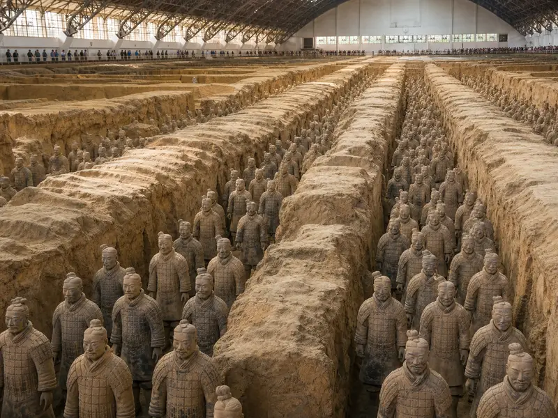 Rows of terracotta warrior statues in the excavation pits of the Emperor Qinshihuang Mausoleum museum near Xian