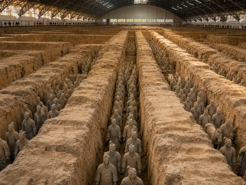 Rows of life-size Terracotta Army warriors standing in excavation pits near Xi'an