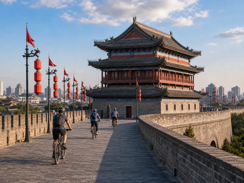Cyclists riding along the top of the ancient Xi'an City Wall above the South Gate