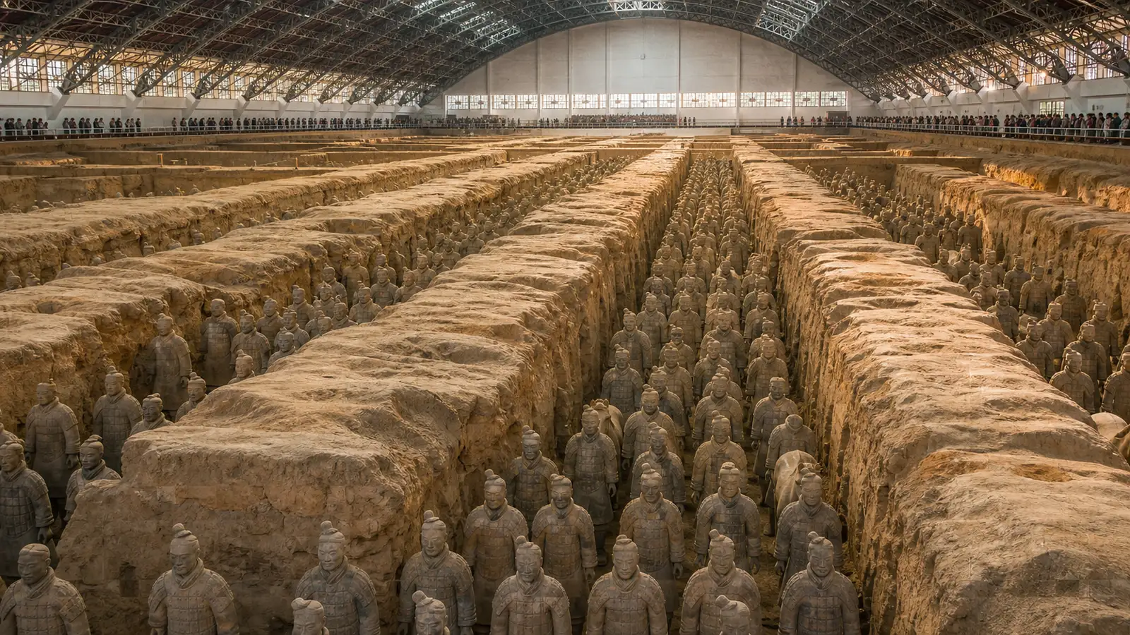 Rows of life-sized Terracotta Army warriors standing in excavation pits near Xi'an