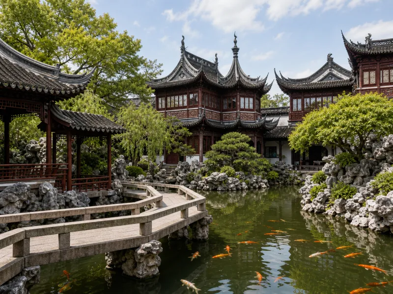 Classical pavilions and a zigzag bridge over ponds at Yu Garden in old Shanghai